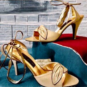 Vintage 80's Brown Leather Sandal Pump Heels ANKLE WRAP by Color Mate FLAW